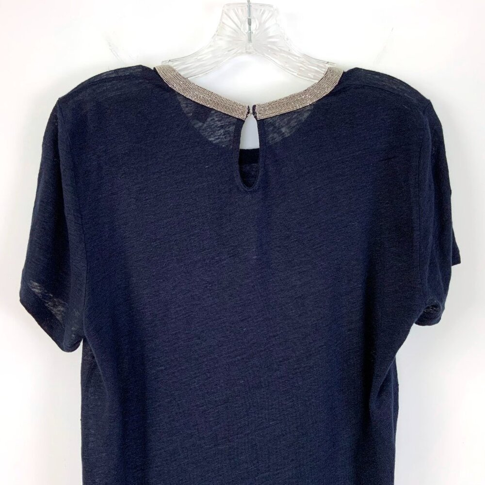 New J. Crew Navy Linen Embellished Collar Short Sleeve Tee Sz M - Picture 9 of 16